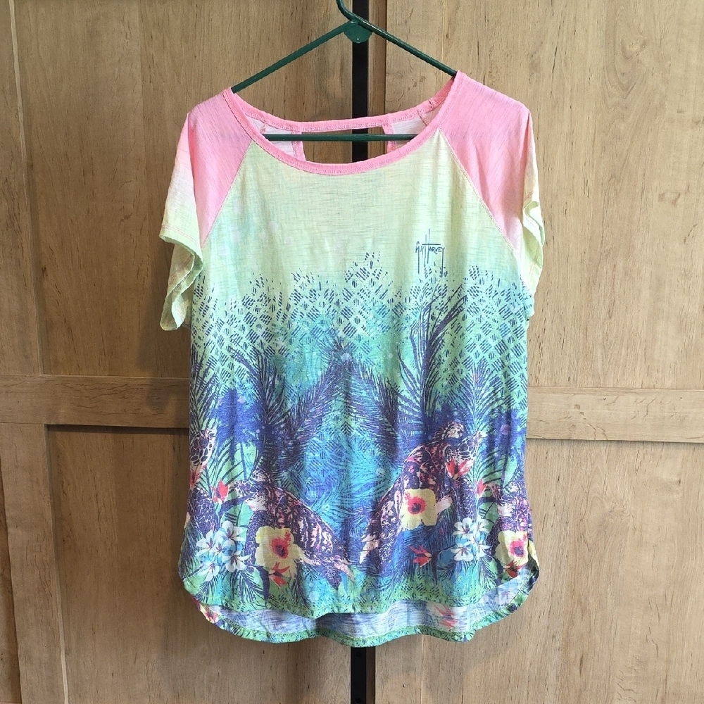 (J43) Guy Harvey Pink and Green Tropical Short Sleeve Tee Sz XXL